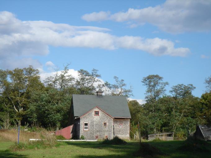 Clear blue skies over the horse barn.  Barn with fields in the foreground.